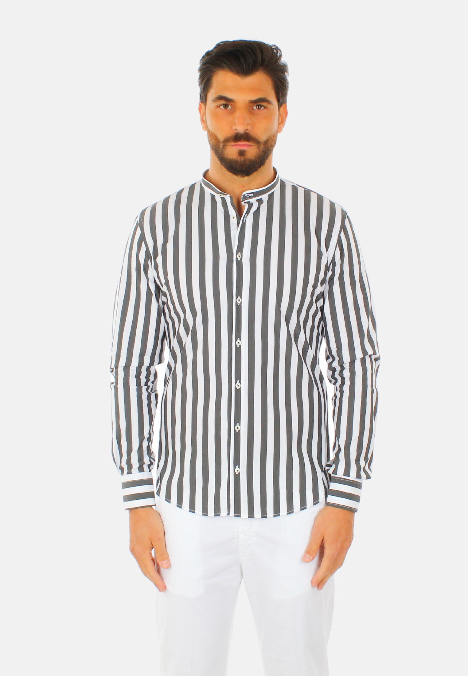 Collo Coreana Camicia A Righe Bianca E Blu Lino Camicia Coreana