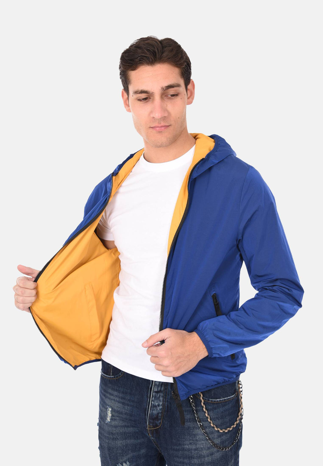 Giubbino impermeabile double face con cappuccio