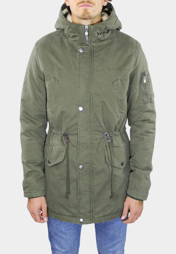 Parka verde con pelliccia in sherpa interno arancio