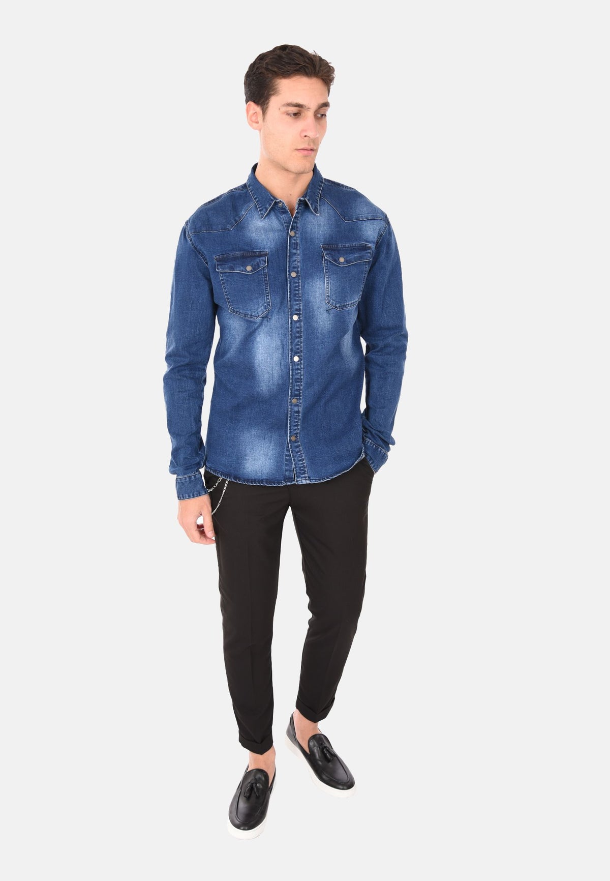Modaworld Camicia di Jeans da Uomo Casual in Denim Slim Fit Shirt Modaworld Camicia di Jeans da Uomo Casual in Denim Slim Fit Shirt