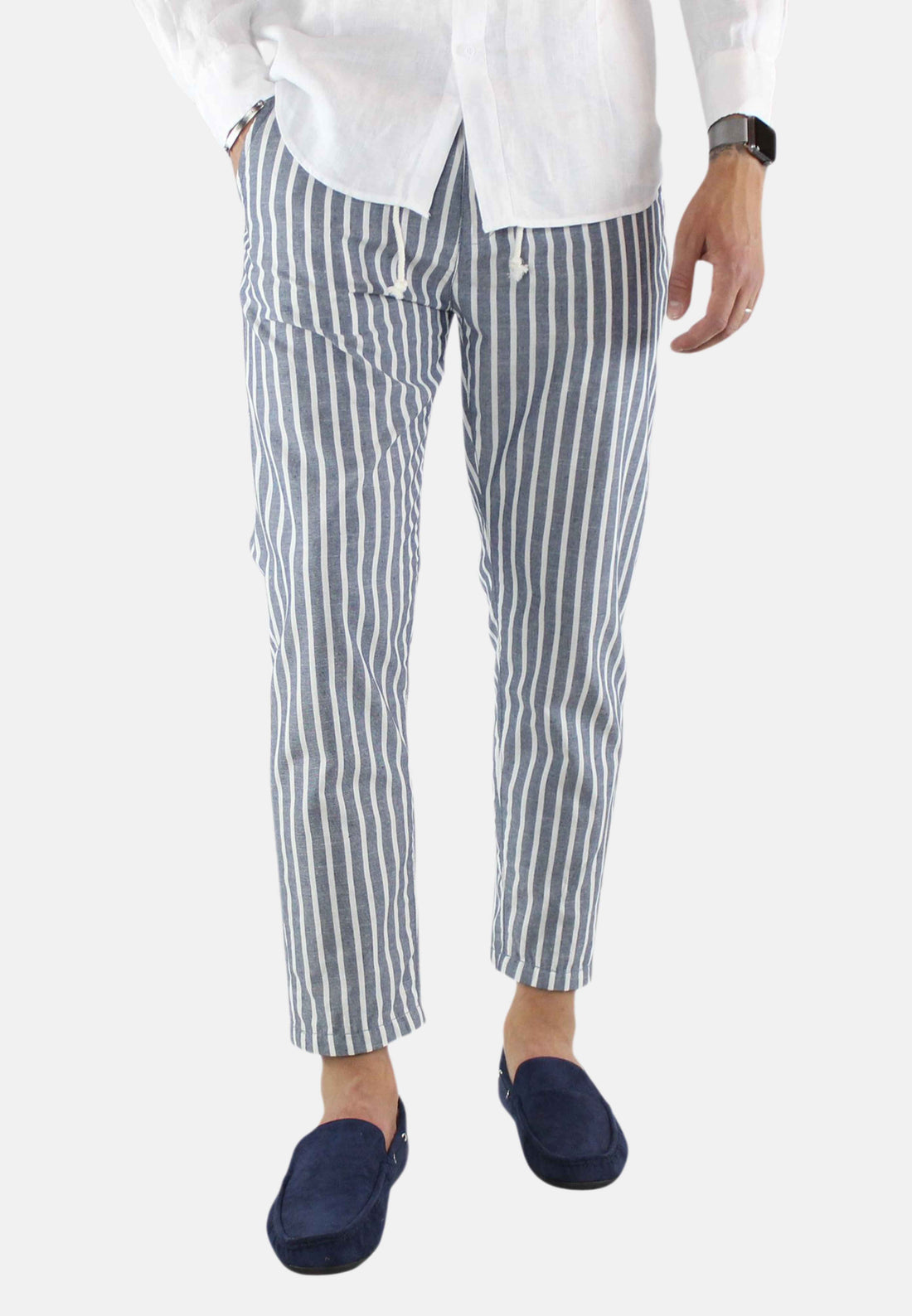 Pantalone Uomo Lino a Righe Blu Pantaloni Chino Estivi Leggeri