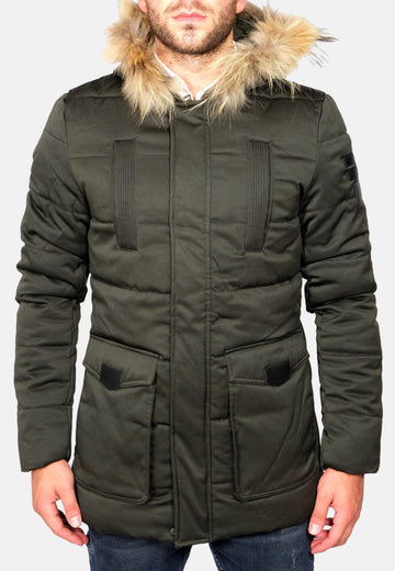 Parka imbottito verde cappuccio con pelliccia