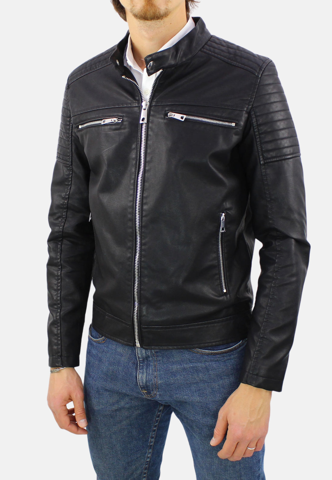 Veste en cuir écologique à col mao noir