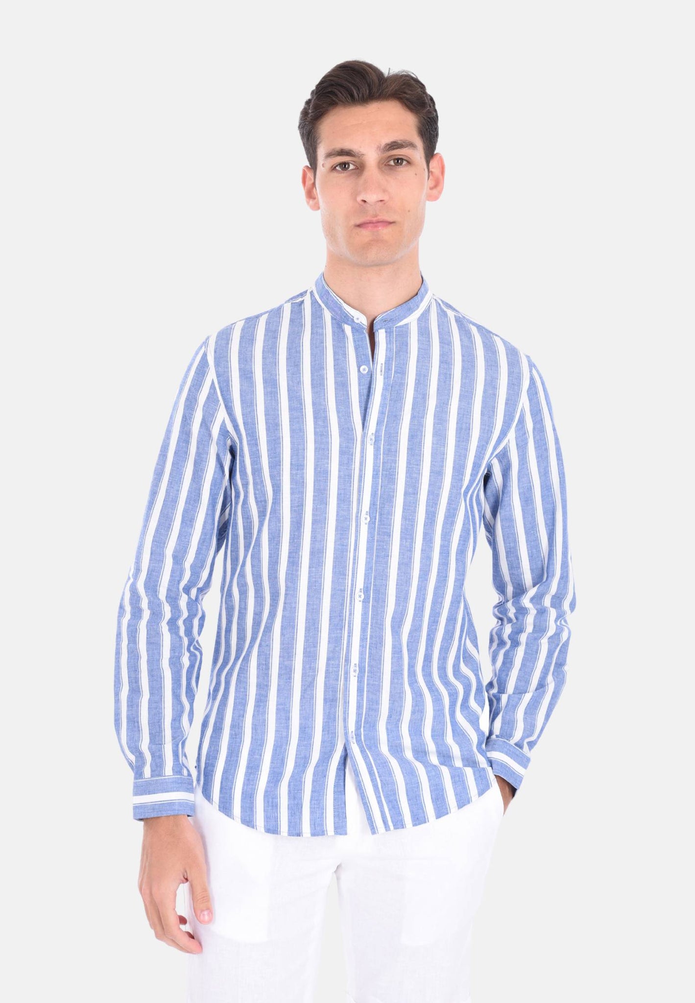 Camicia coreana misto lino a righe