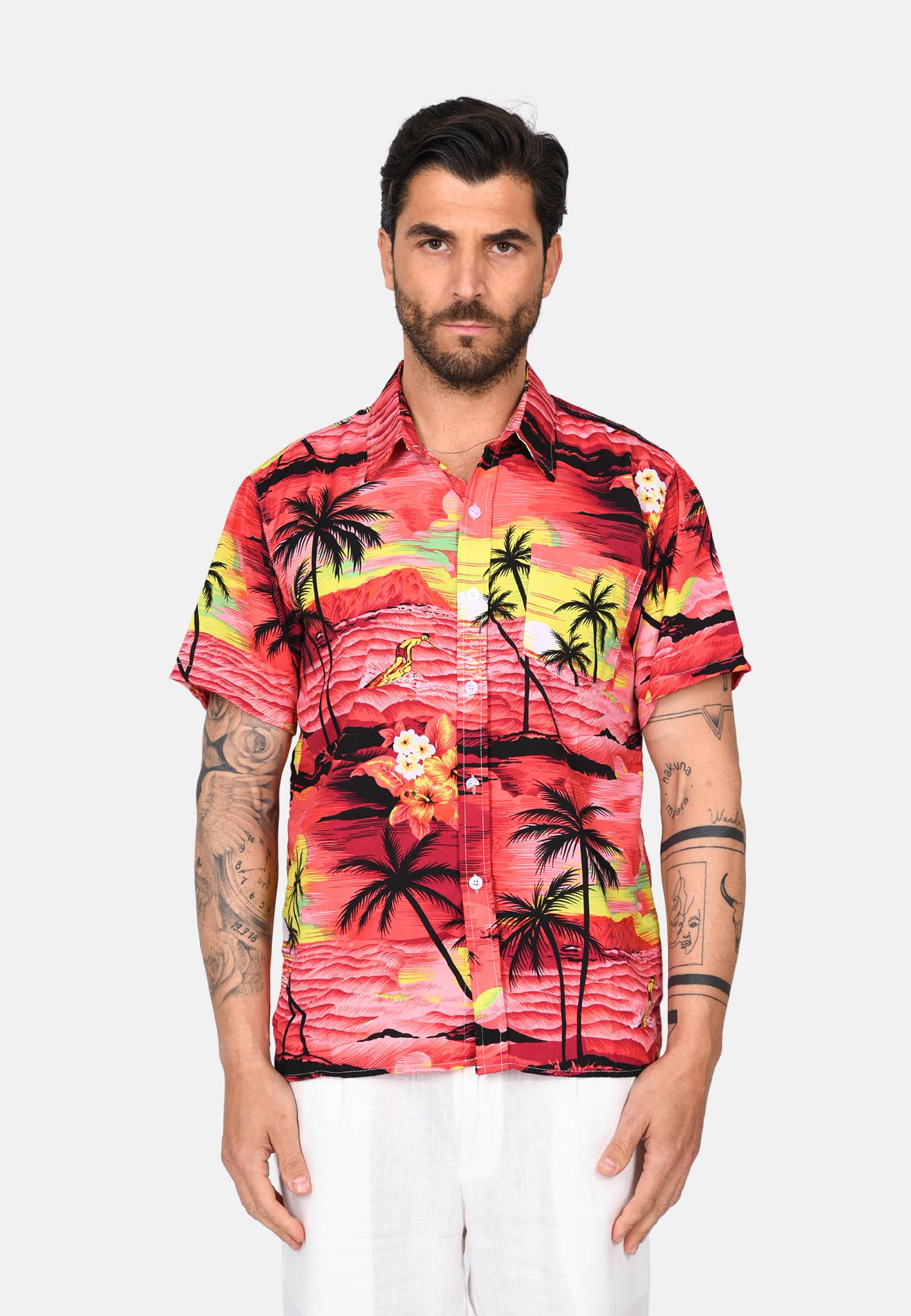 Camicia Hawaiana Uomo Cromoncent – Maniche Corte, Colletto Cubano, Stampa Tropicale Aloha – Arancione – Perfetta Per Spiaggia E Vacanze Estive – Taglia XL
