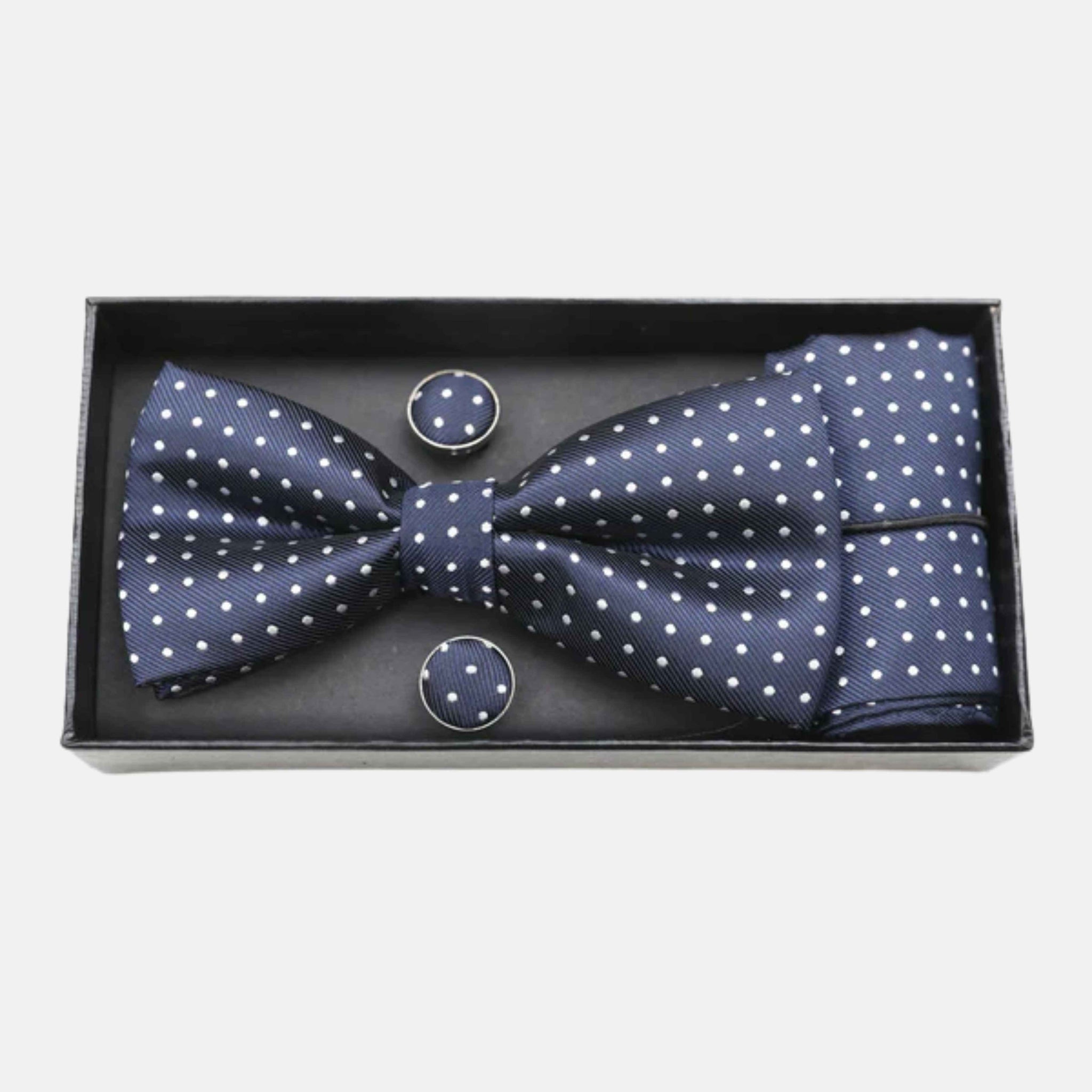 Set papillon pochette e gemelli a pois
