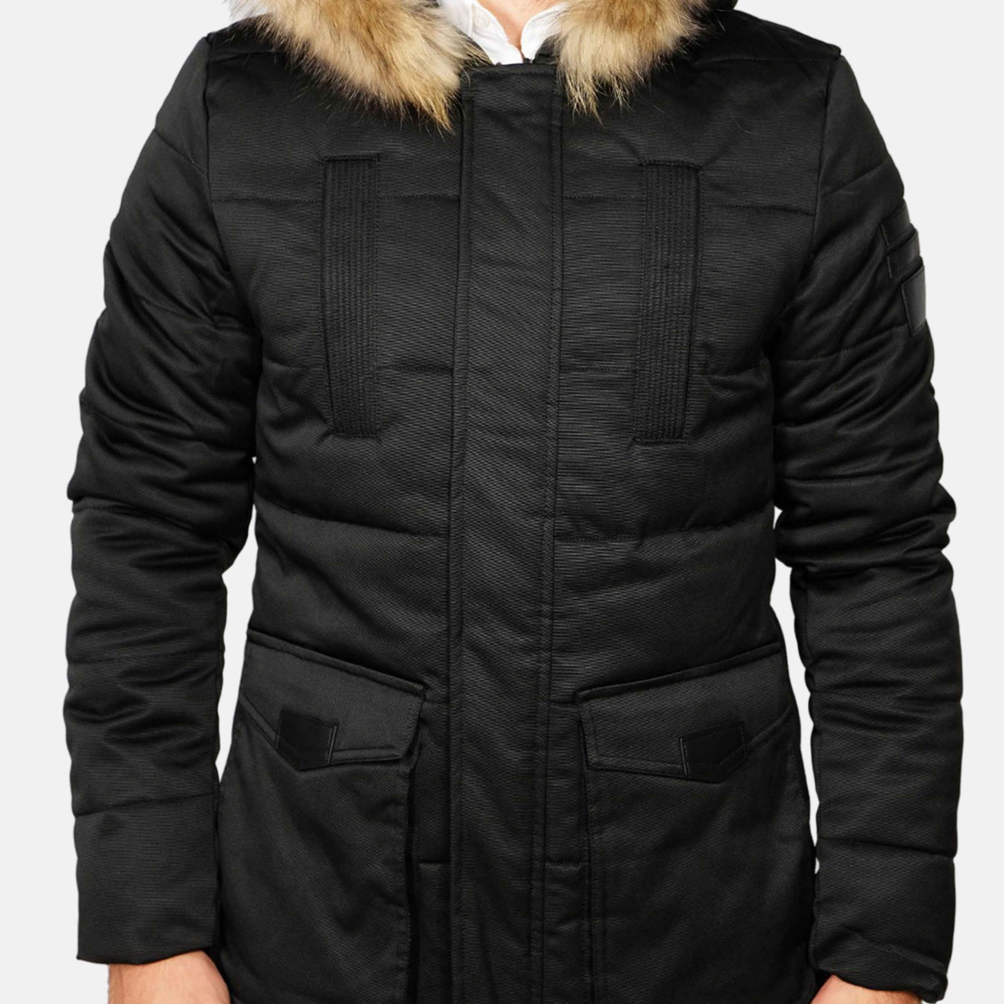 Parka imbottito nero cappuccio con pelliccia