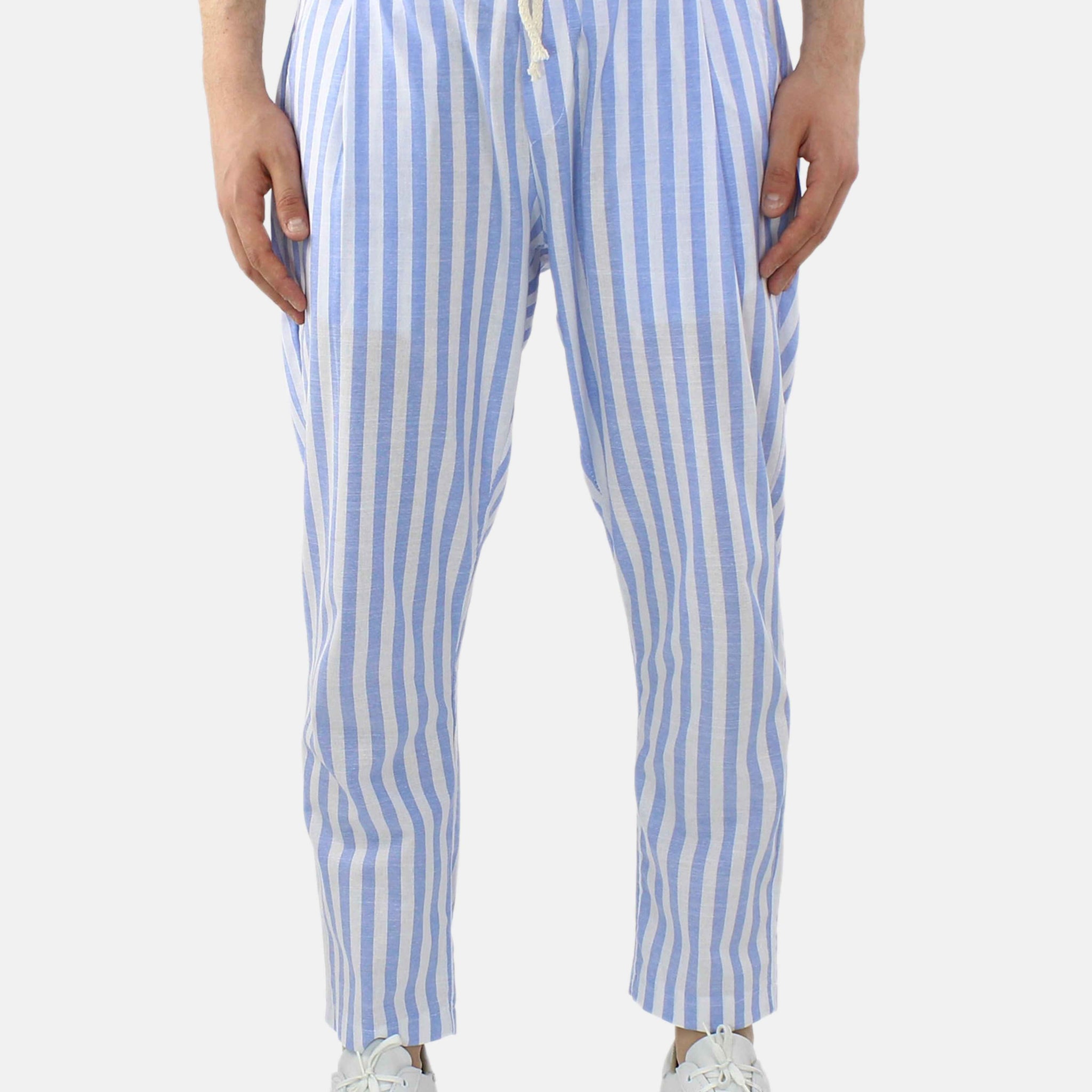 Pantalone Uomo Lino a Righe Grigio Azzurro Talco Pantaloni Estivi Leggeri