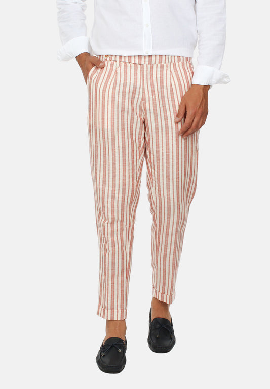 High-waisted striped linen trousers
