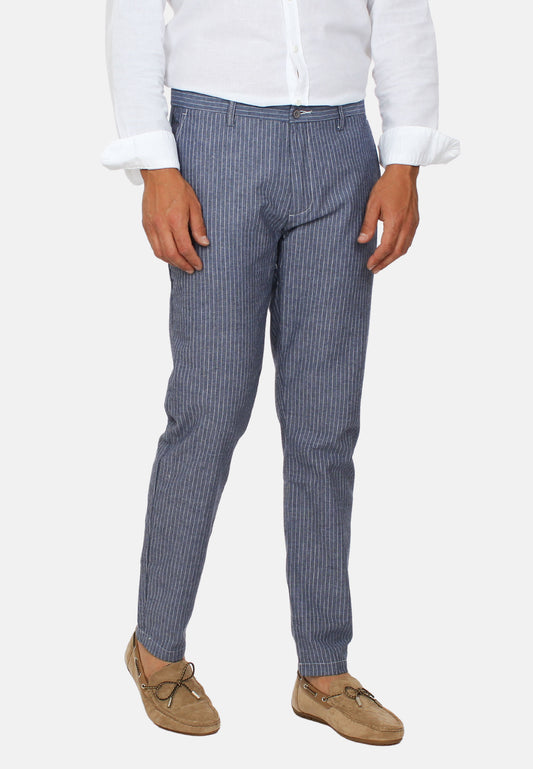 Light blue linen trousers with white stripes