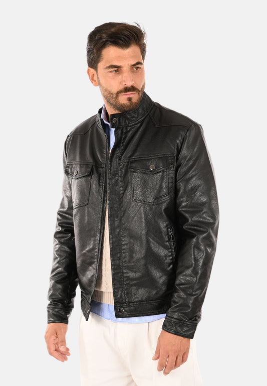Multi-pocket faux leather jacket