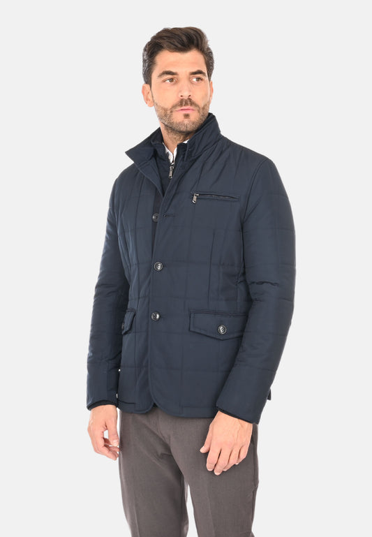 Padded jacket with blue collar and bib