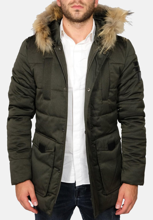 Green padded parka hood with fur