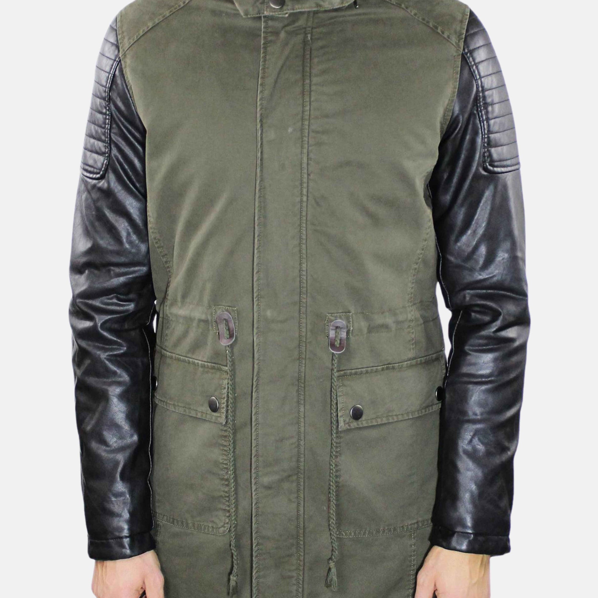 Green parka with leather sleeves