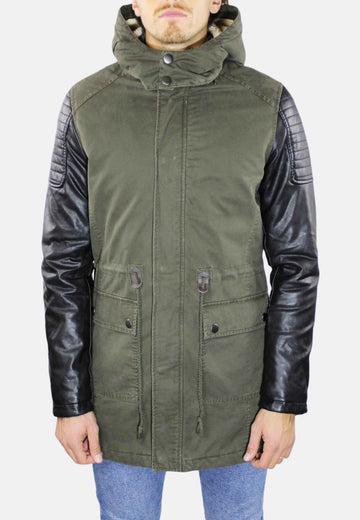 Green parka with leather sleeves