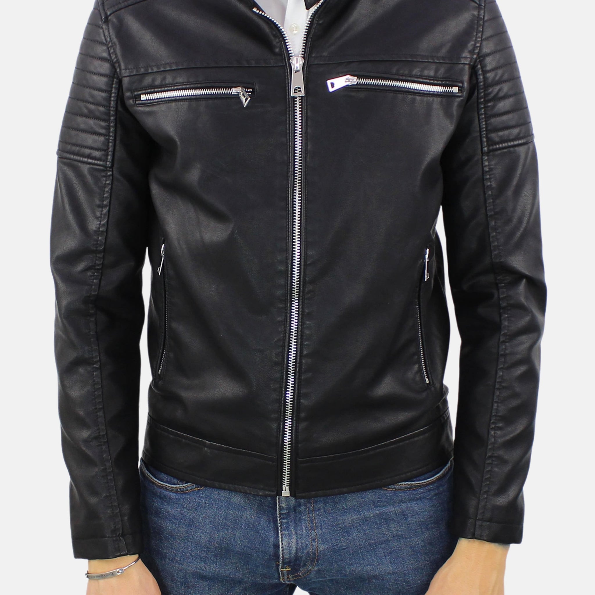 Faux leather jacket with black mandarin collar