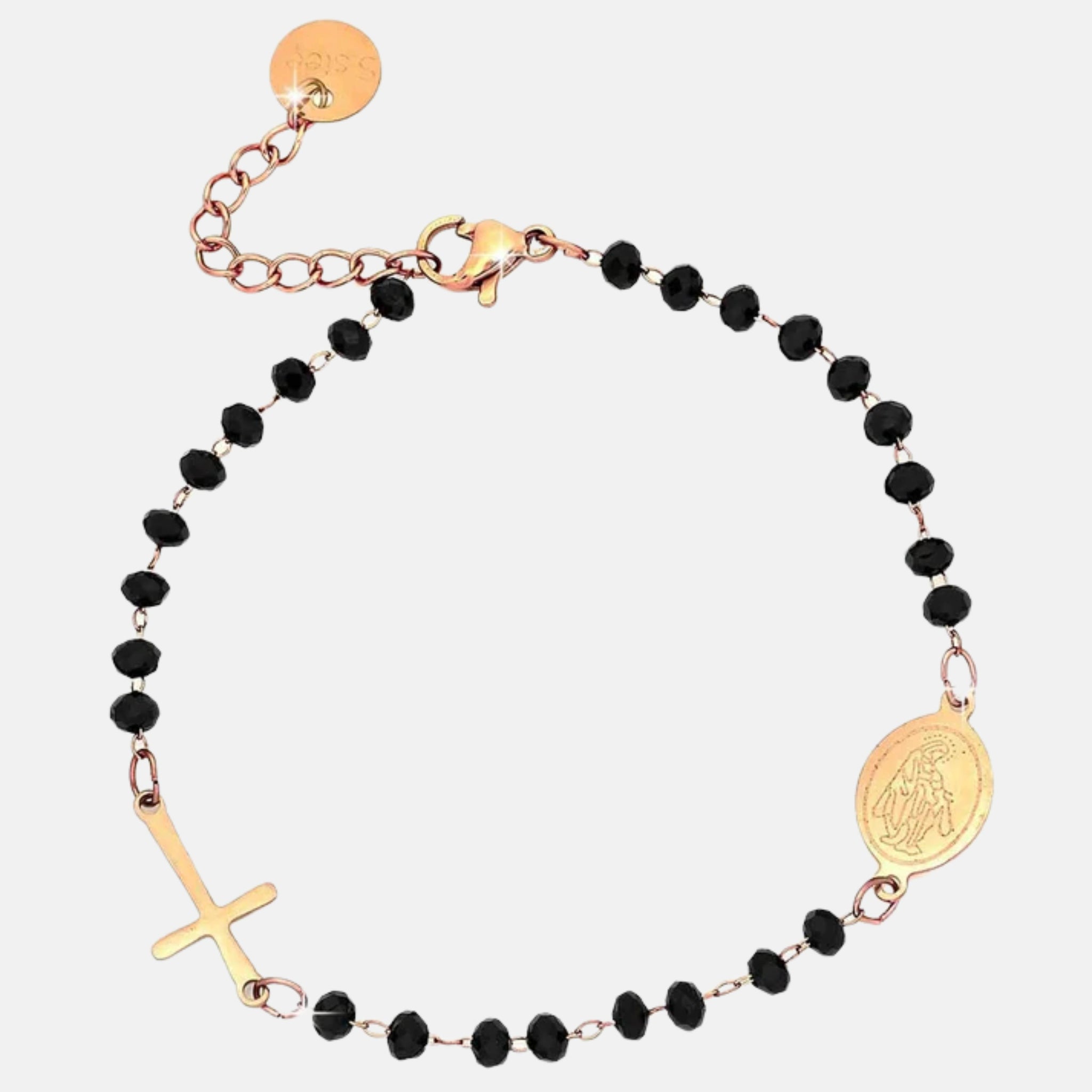 Rosary bracelet with black briol?® crystals and rose gold cross and Madonna
