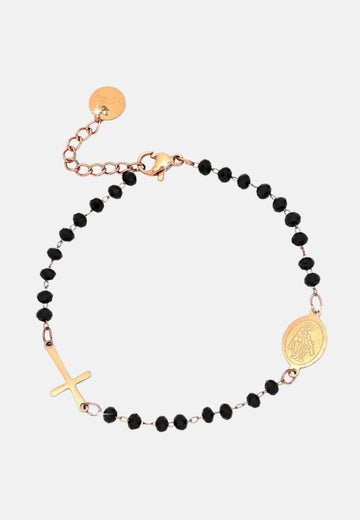 Rosary bracelet with black briol?® crystals and rose gold cross and Madonna