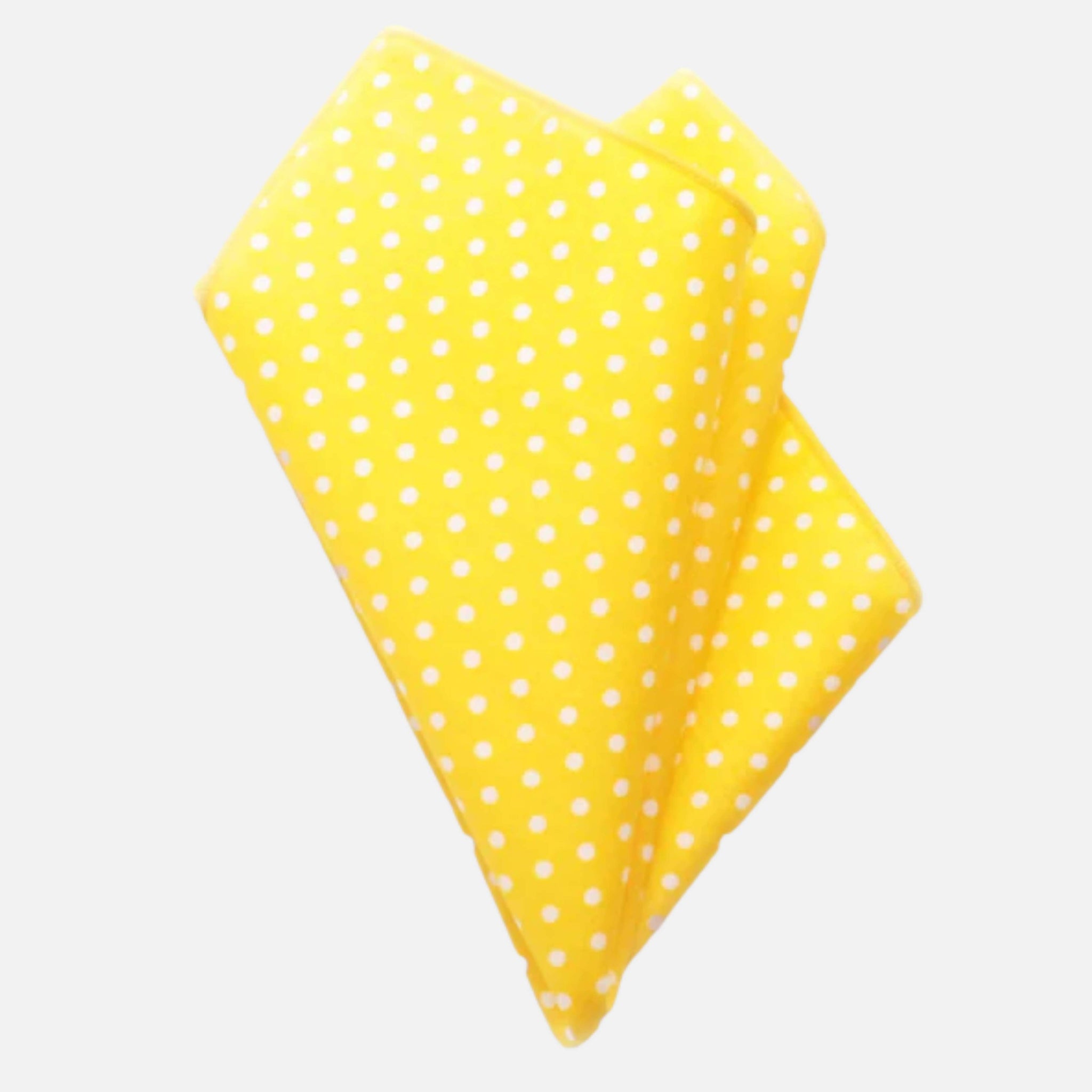 Yellow pocket square with small white polka dots