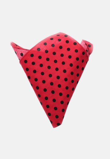 Red pocket square with large black polka dots