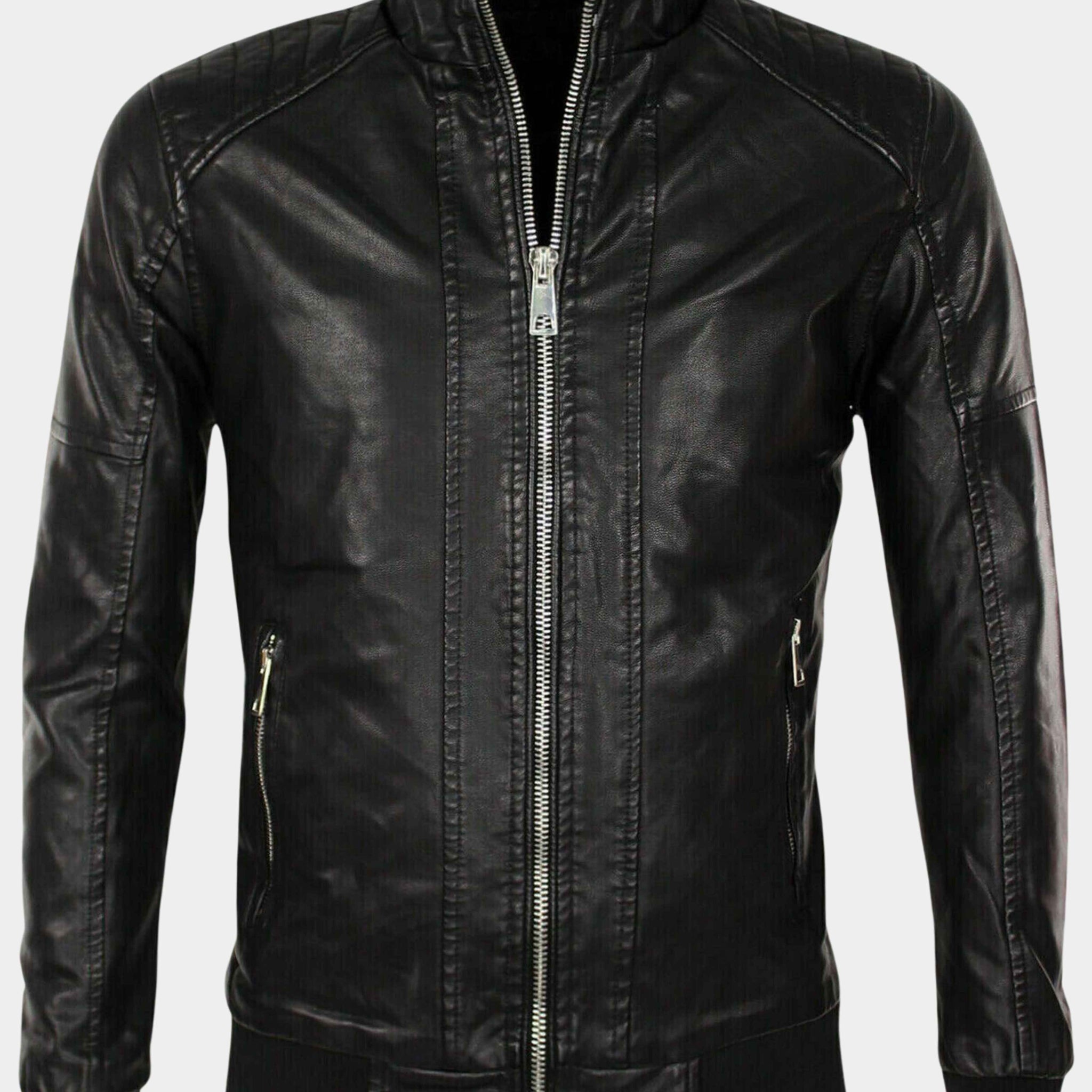 Black faux leather jacket with high collar