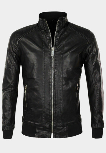 Black faux leather jacket with high collar