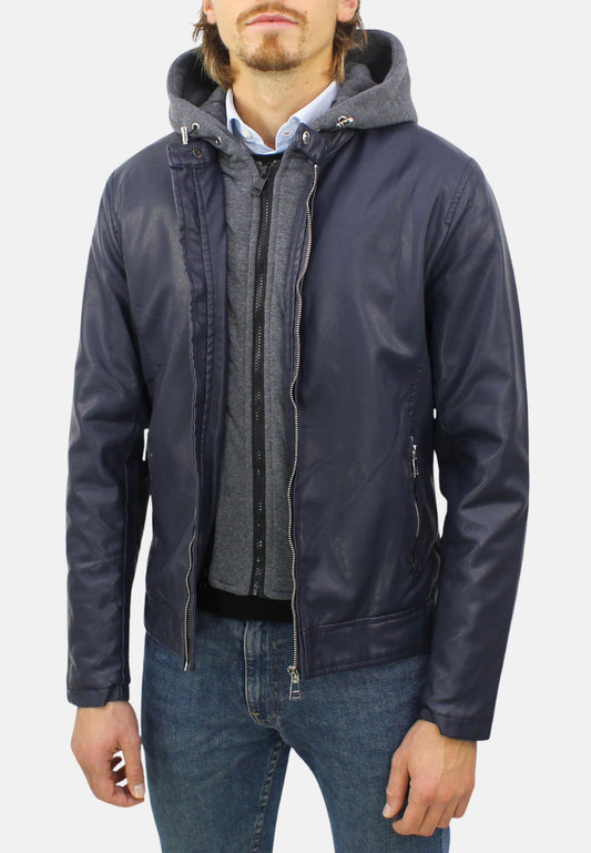 Faux leather jacket with blue hood