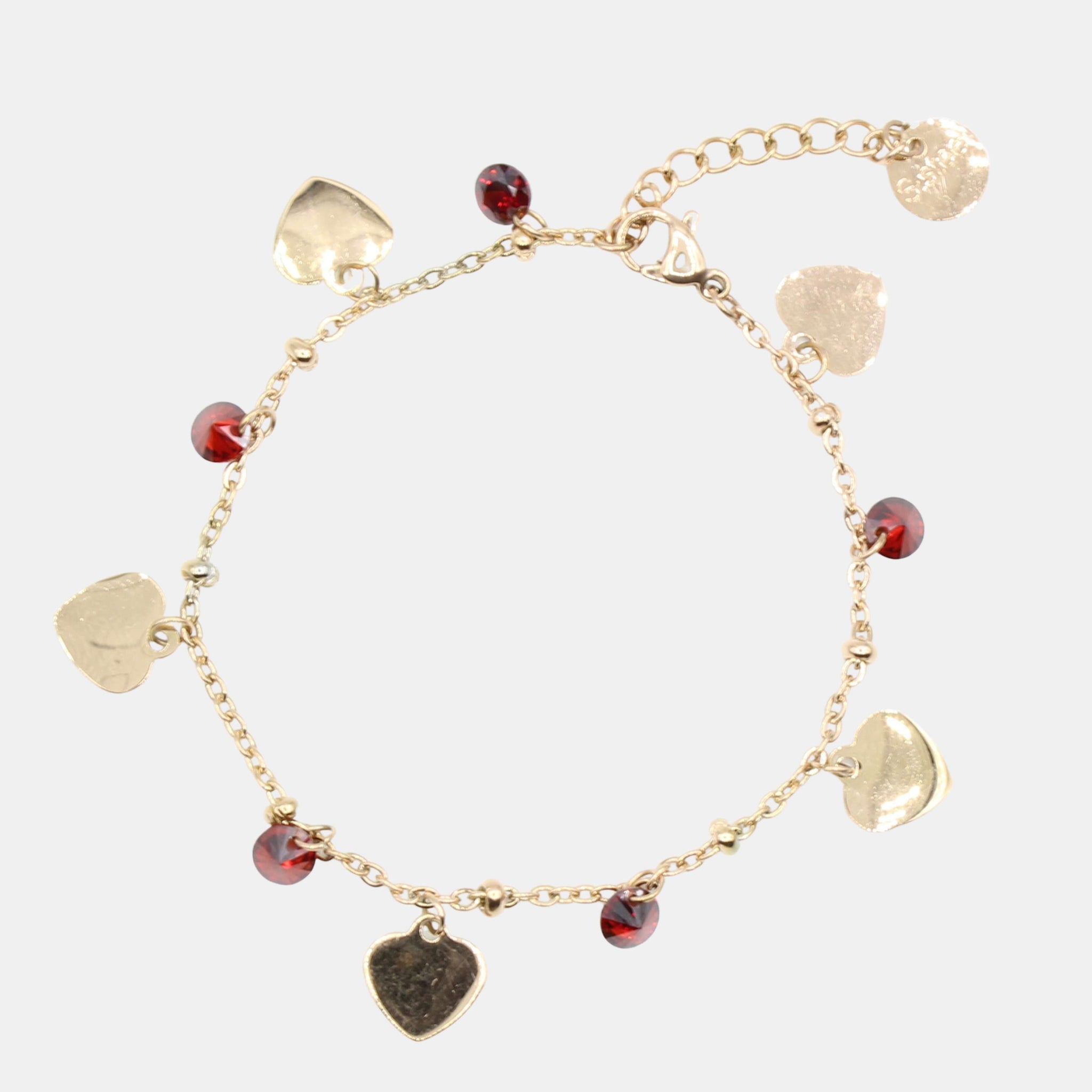 Bracelet with red crystals and rose gold hearts