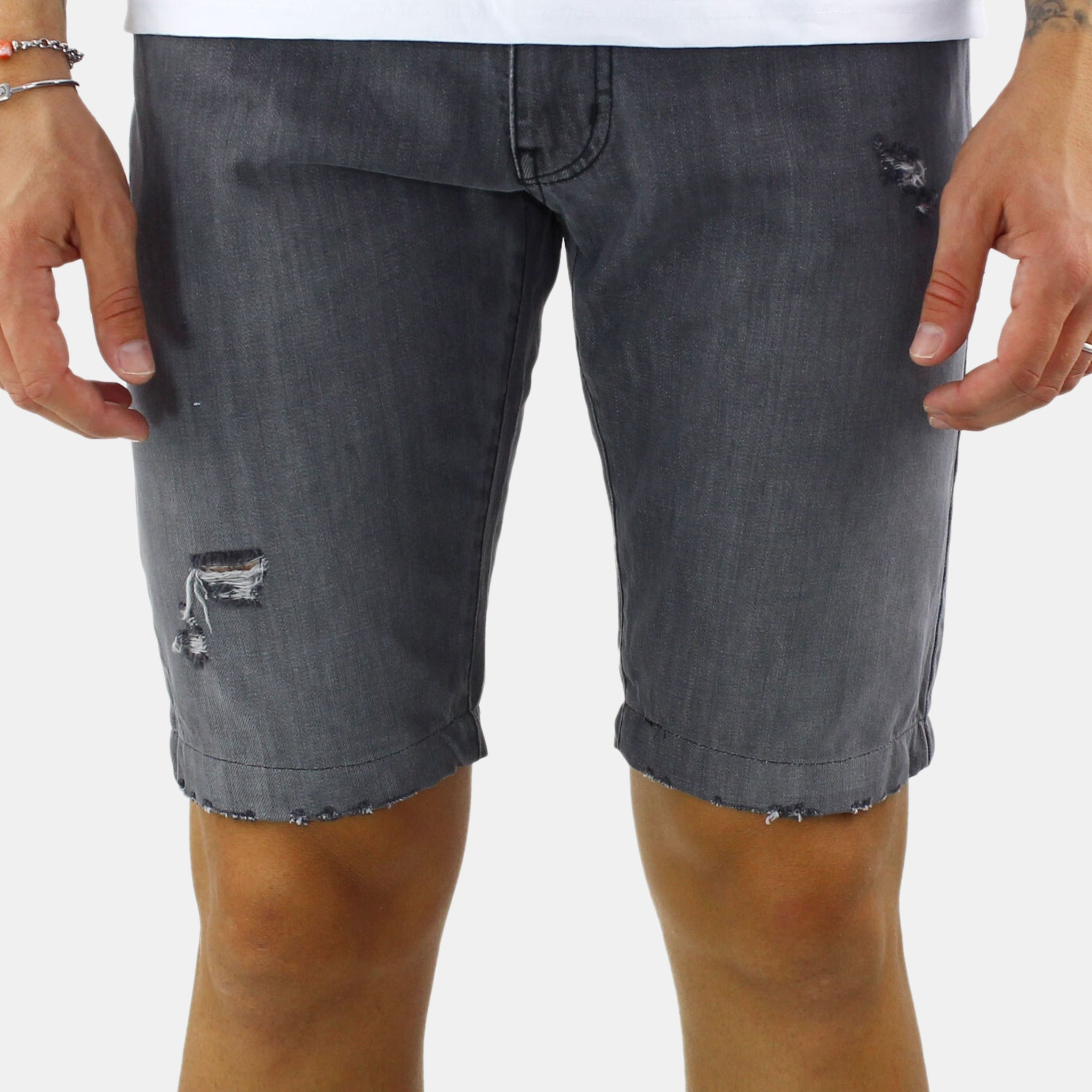 Ripped gray denim Bermuda shorts