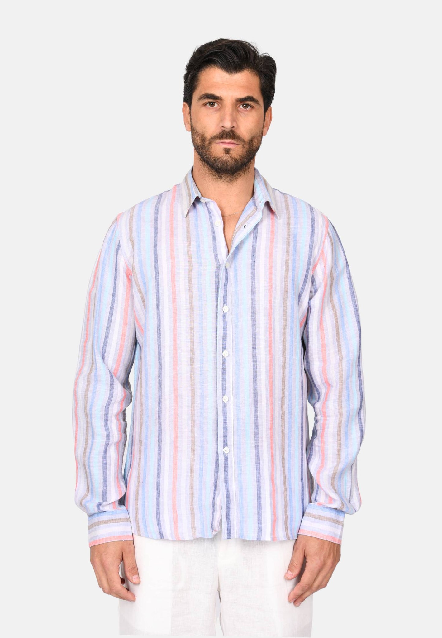 Linen shirt with multicolored stripes