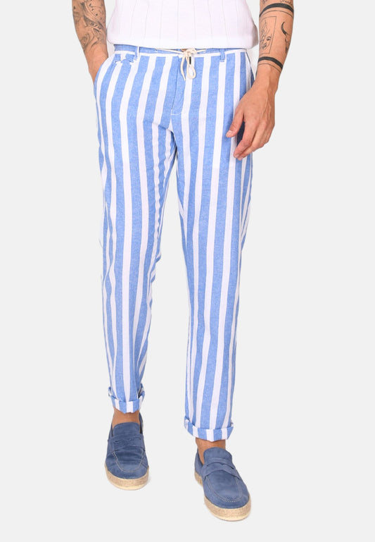 Pantalon en lin rayé bleu clair