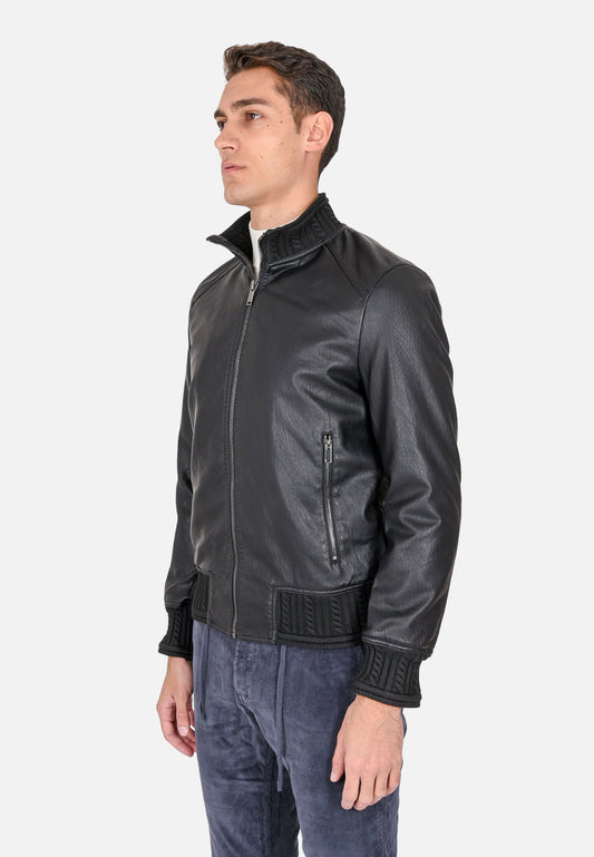 Faux leather jacket with knitted collar